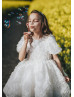 Short Sleeves White Rosetta Tulle Floral Flower Girl Dress